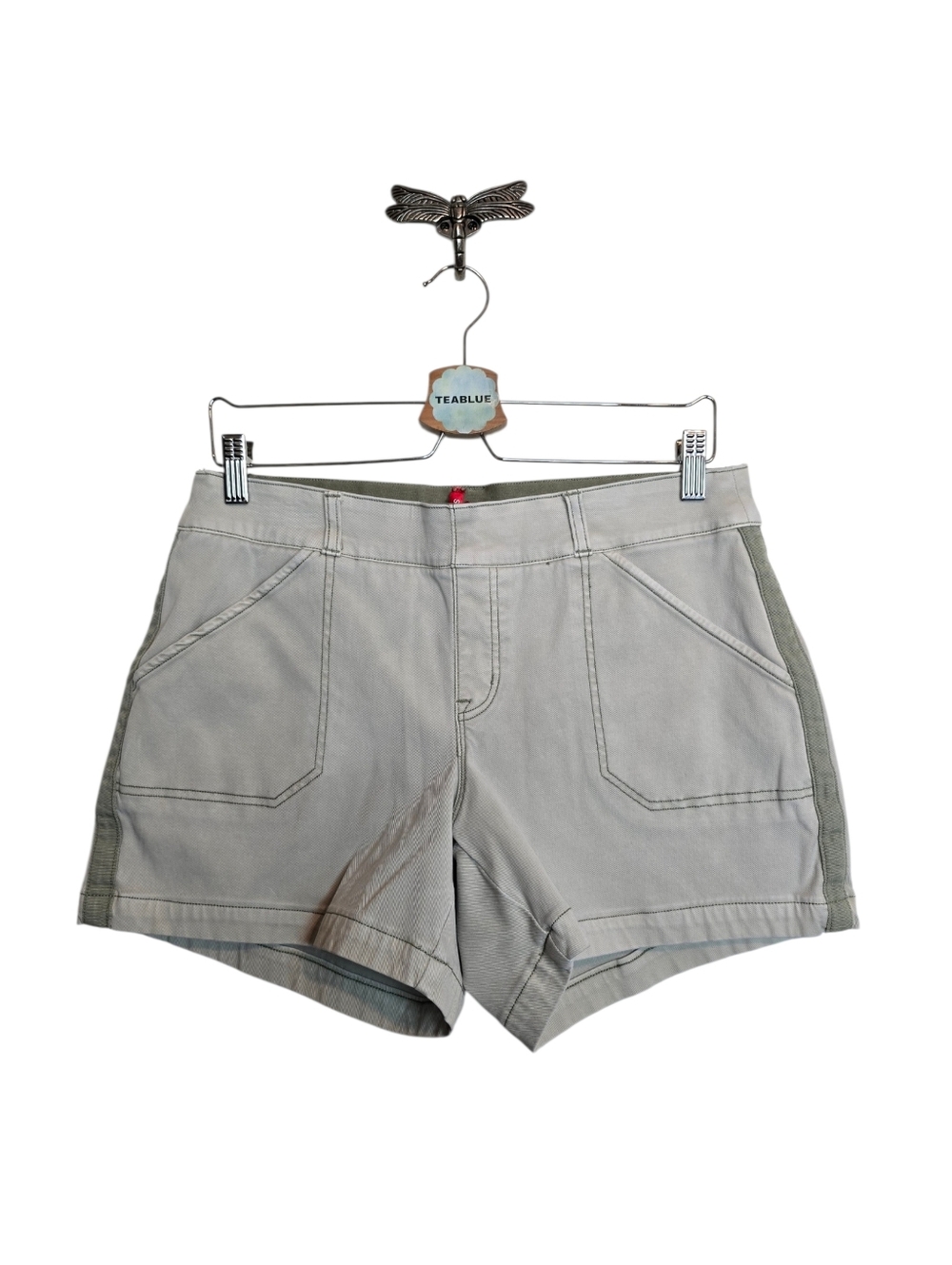 Spanx Stretch Twill Shorts Women's Large Gray / Green High Rise Shaping Casual